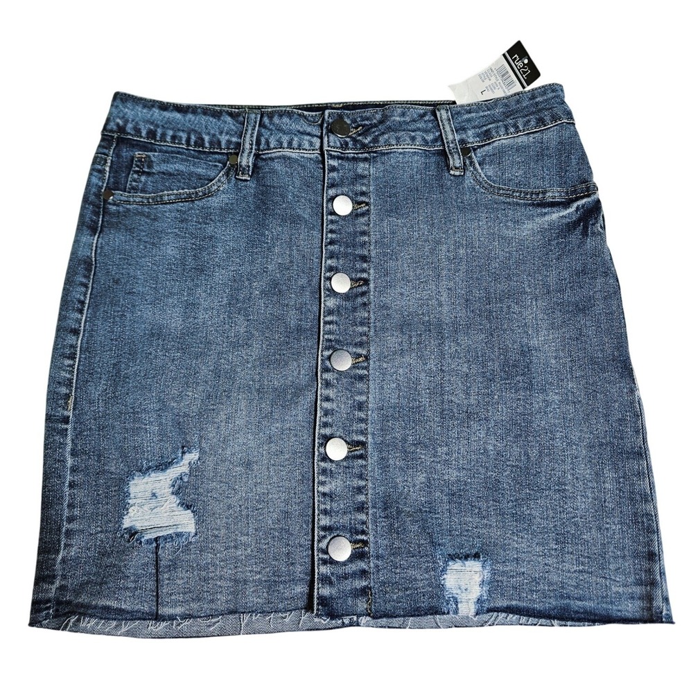 NWT rue21 Blue Distressed Button Front Denim Mini Skirt Large Y2K Grunge Western